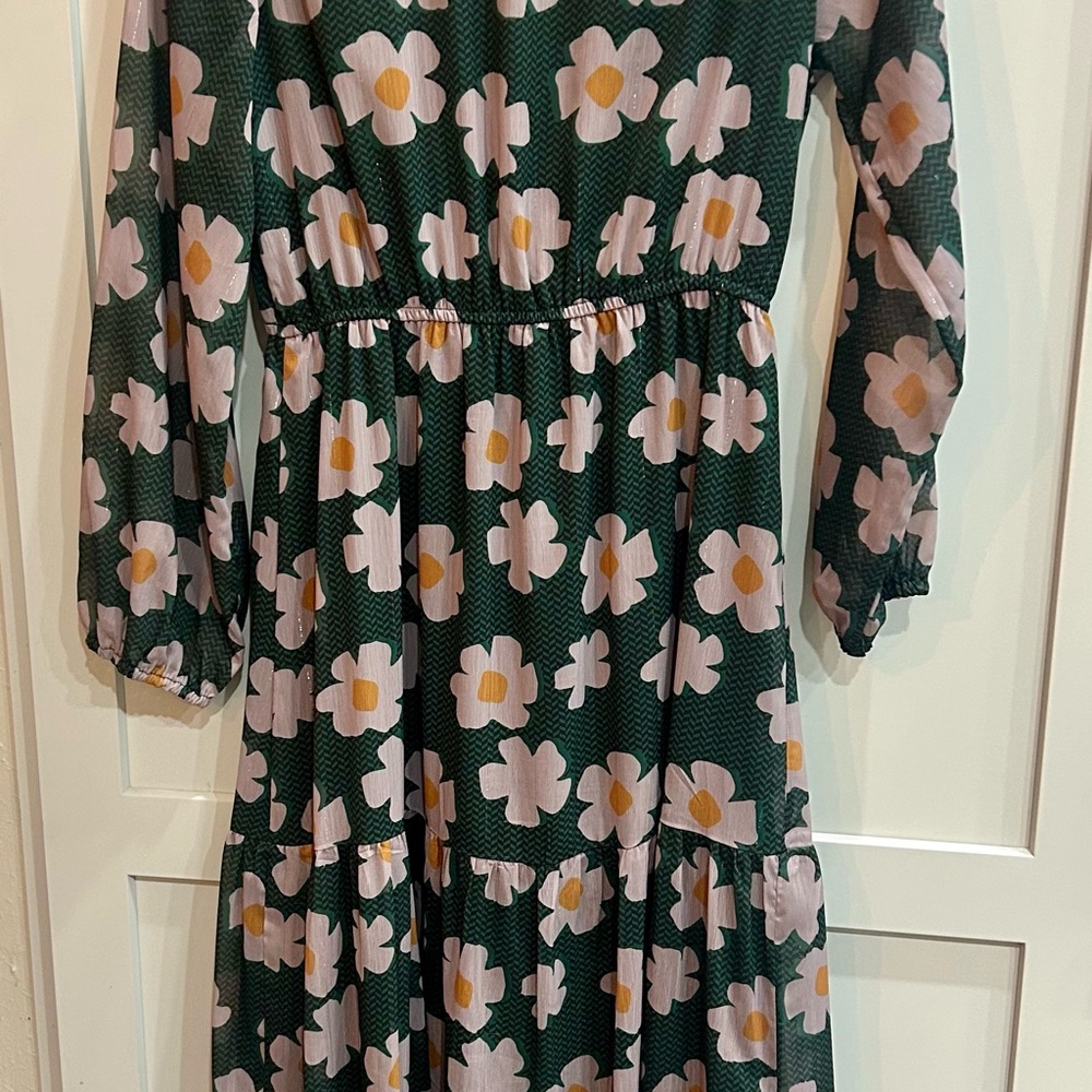 Joy Joy Tiered Maxi Flowy Bohemian Green Dress with Floral Accents